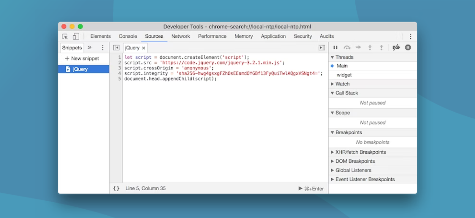 sezione snippets del tab Sources di Chrome DevTools