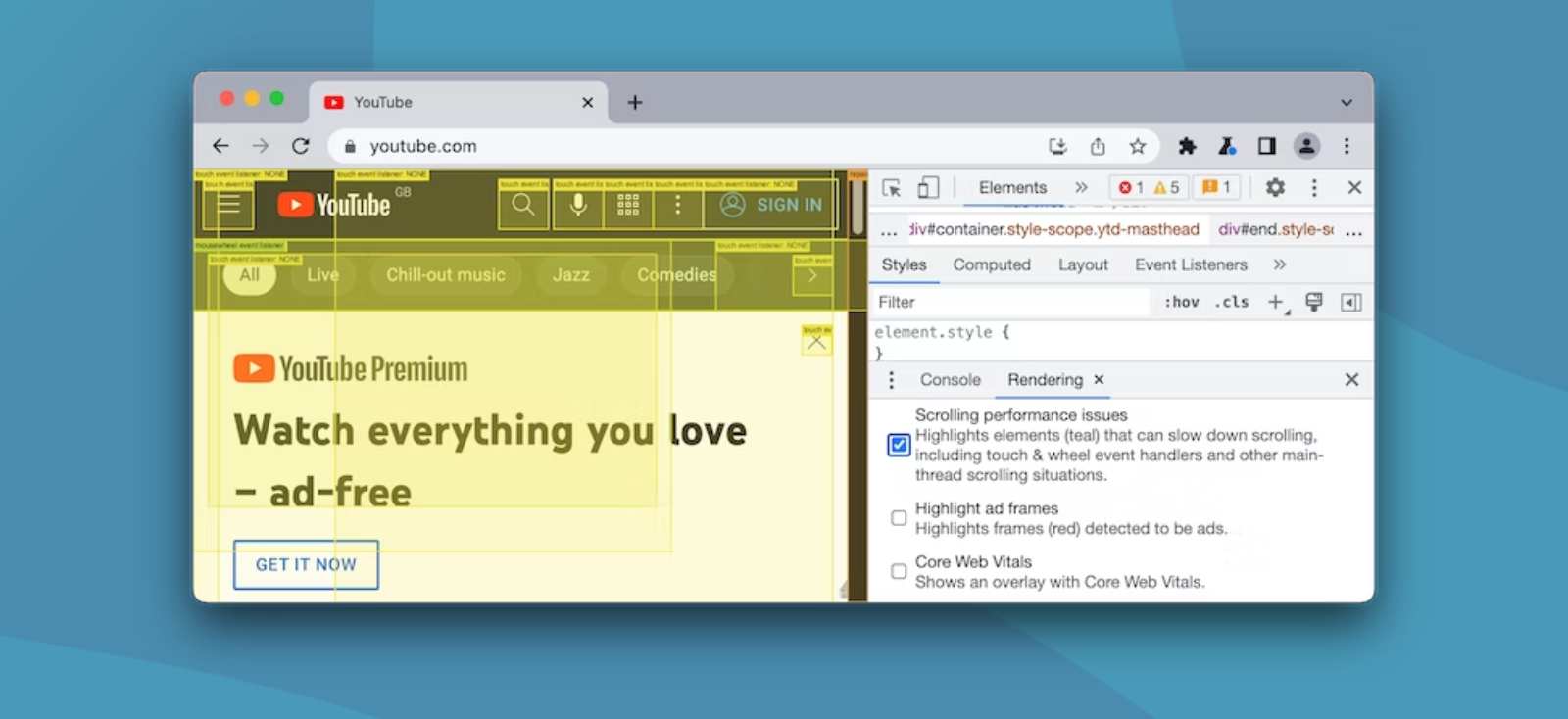 sezione Rendering della tab Elements di Chrome DevTools