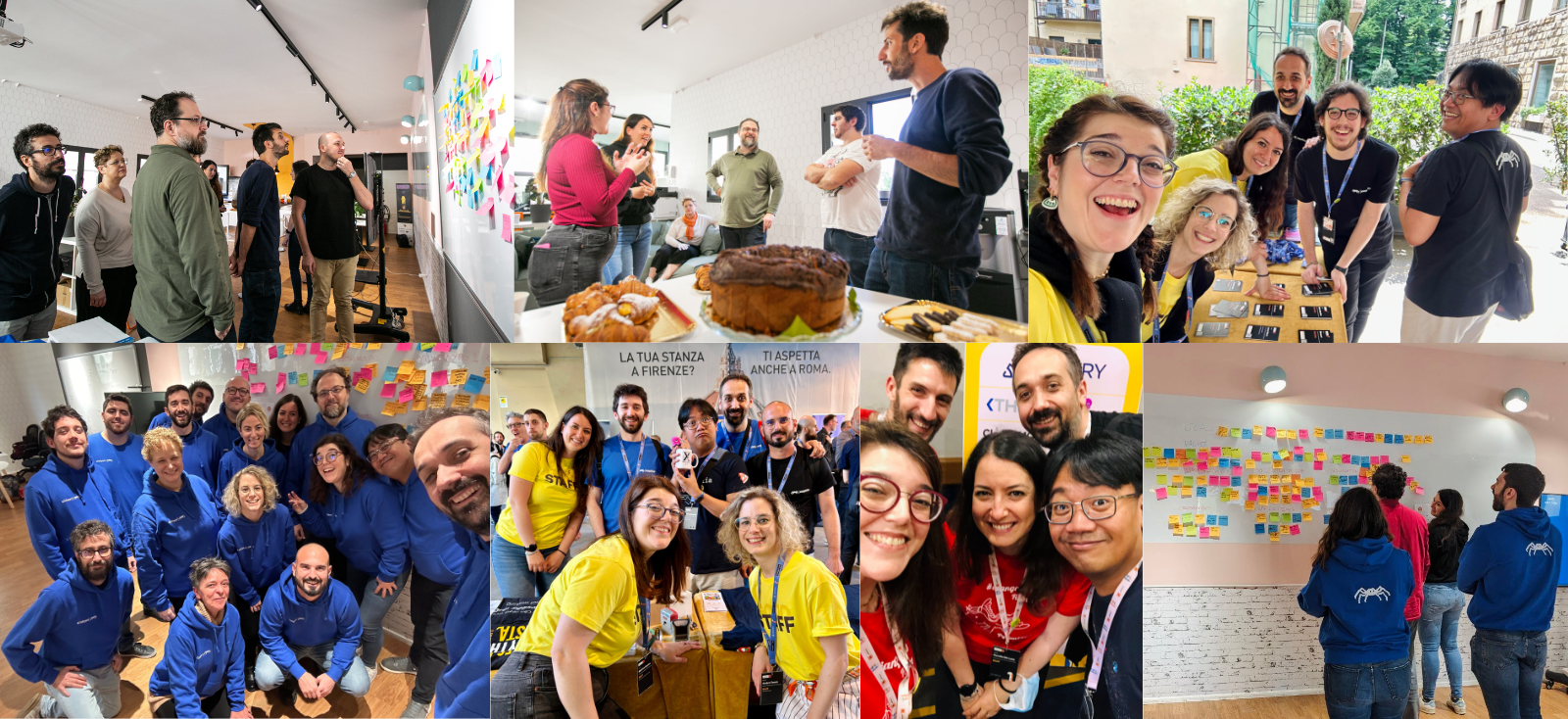 A collage of pictures showing the Nephila team in the office during team building moments, at events and conferences.