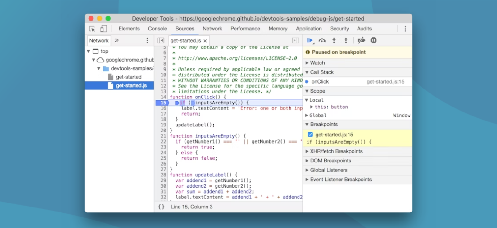 Tab Sources di Chrome DevTools